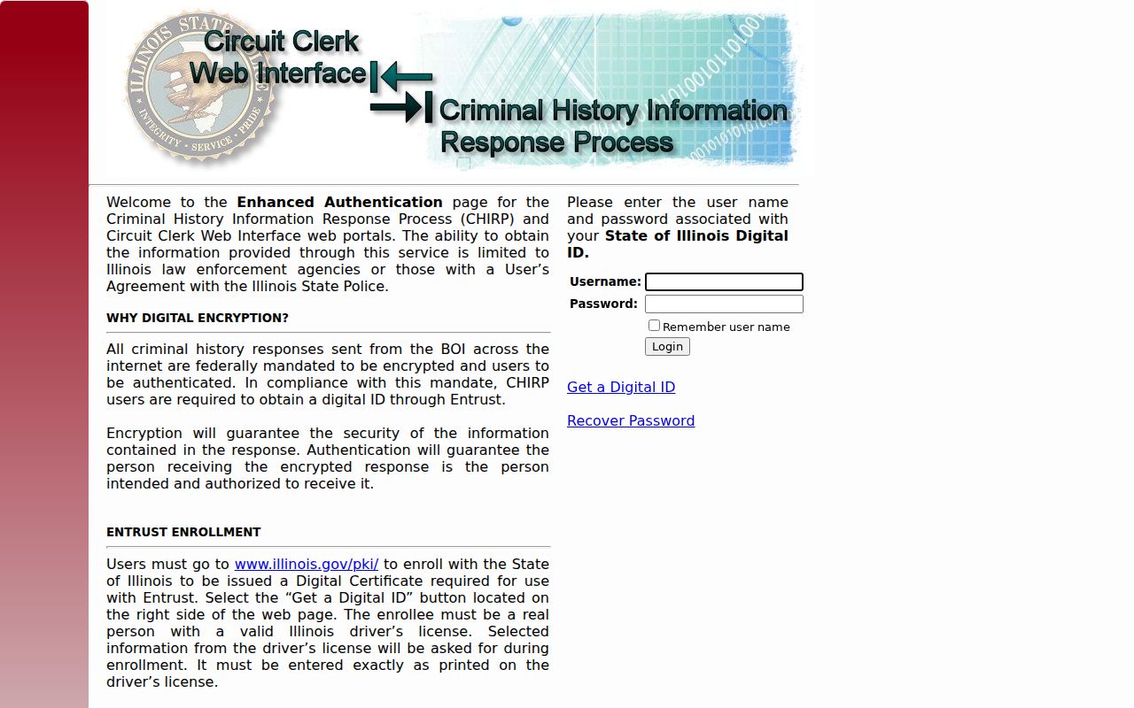 Illinois State Police CHIRP authenticated criminal history portal
