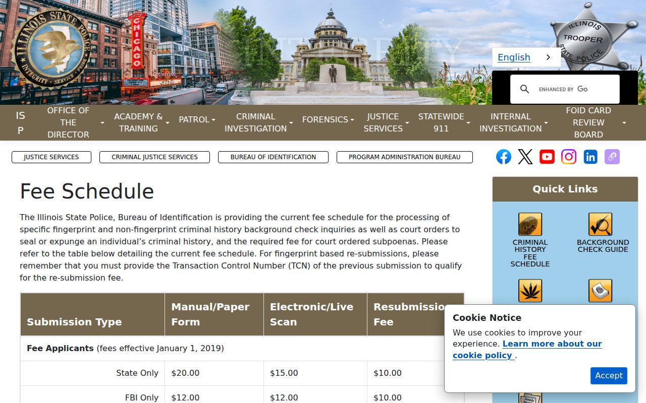 Illinois State Police criminal history paper electronic and fingerprint fee schedule