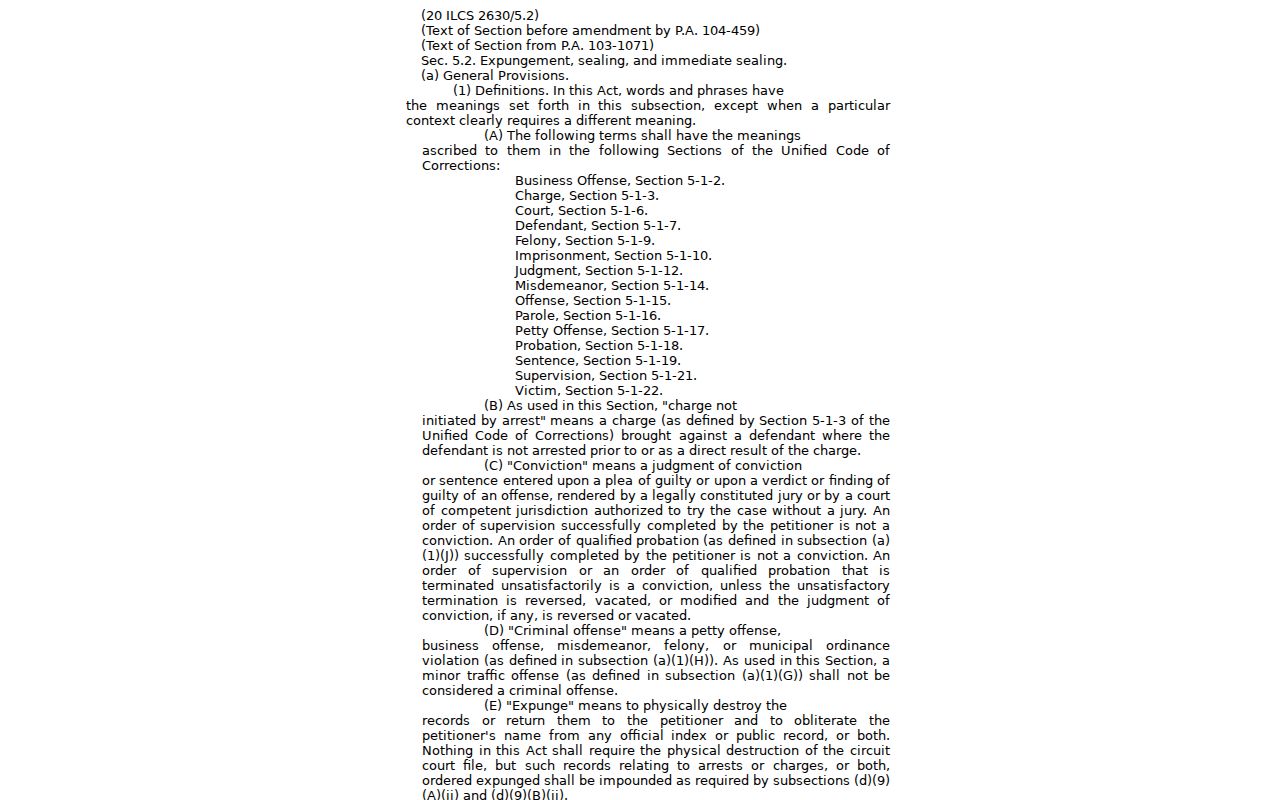 Illinois General Assembly expungement and sealing statute page
