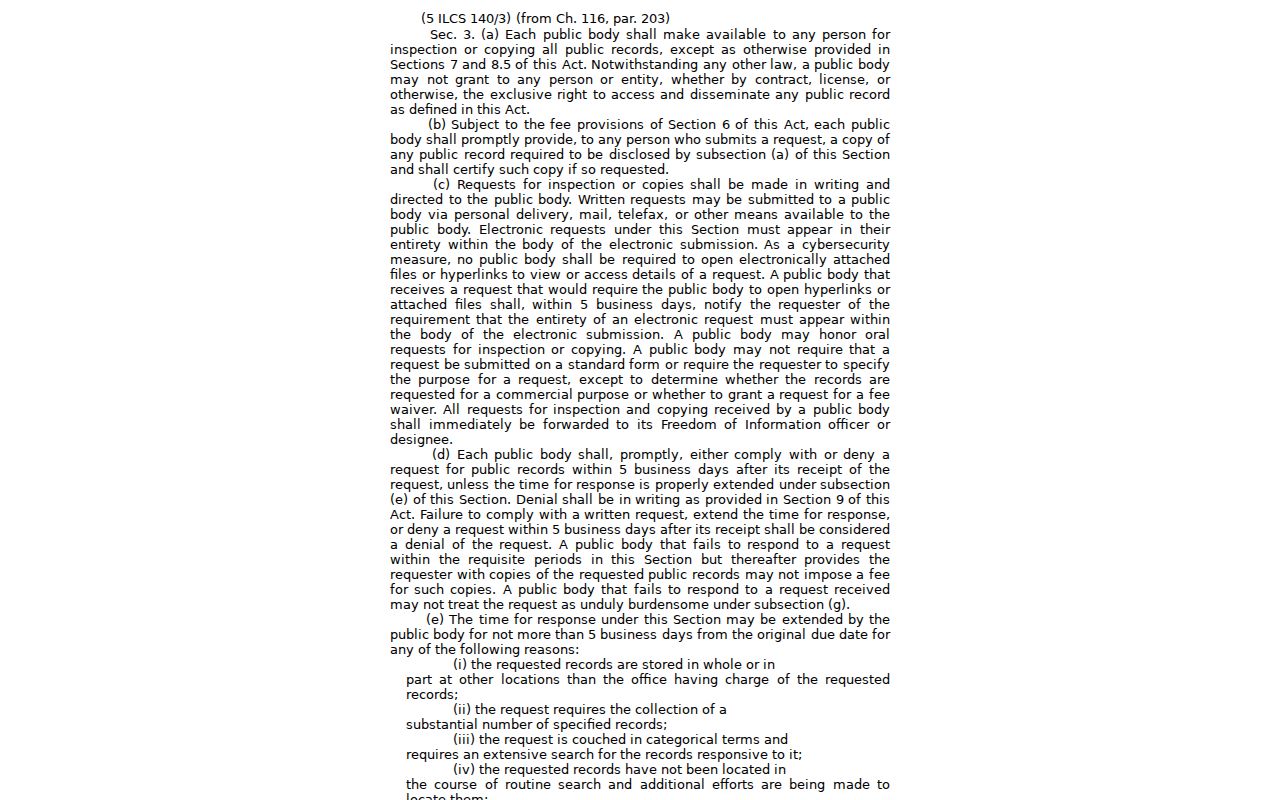 Illinois General Assembly page for Freedom of Information Act request rules